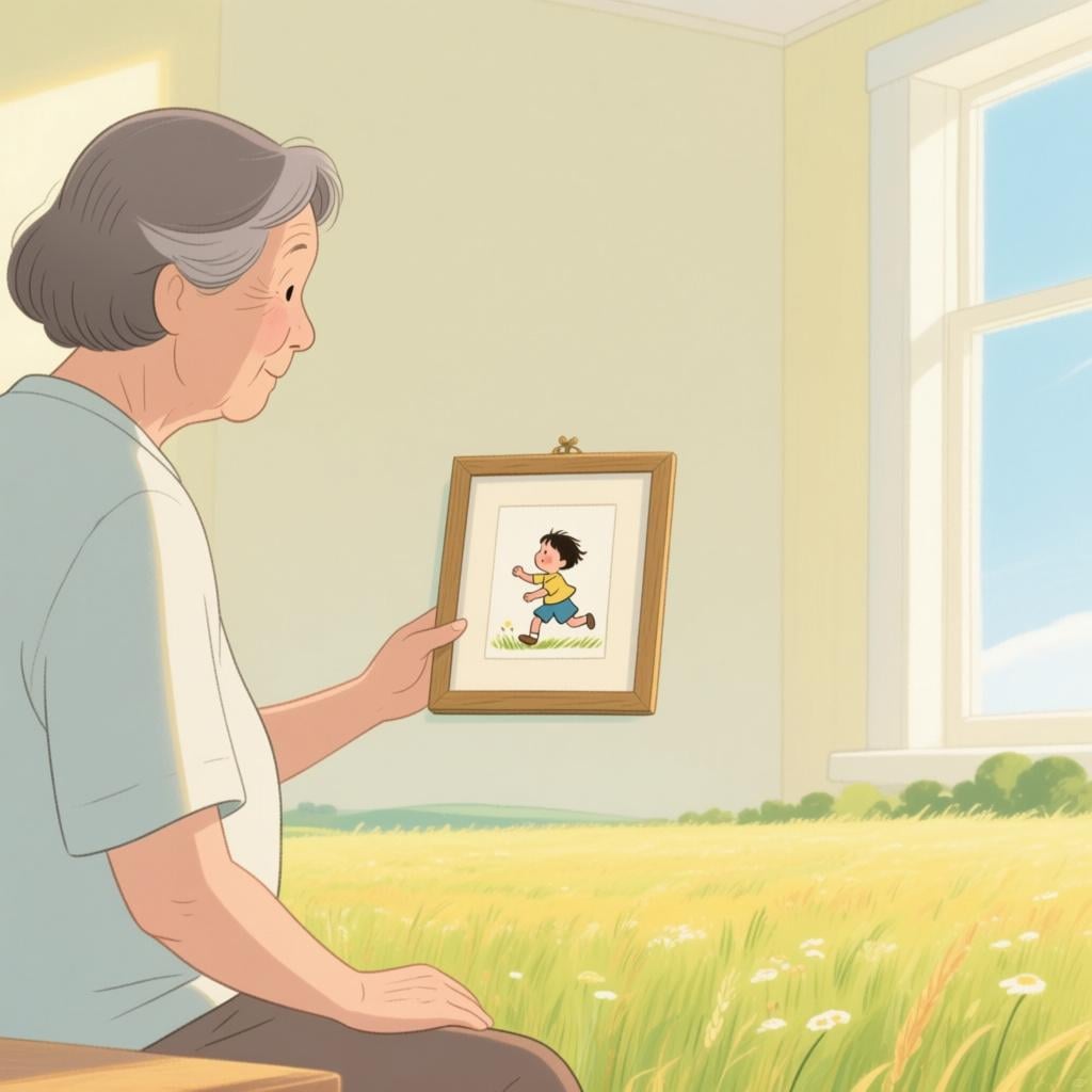 An adult is sitting in a brightly lit room, gazing at a small, framed illustration of a child playing in a field during a long-ago summer day, symbolizing a time 'way back' in the past.