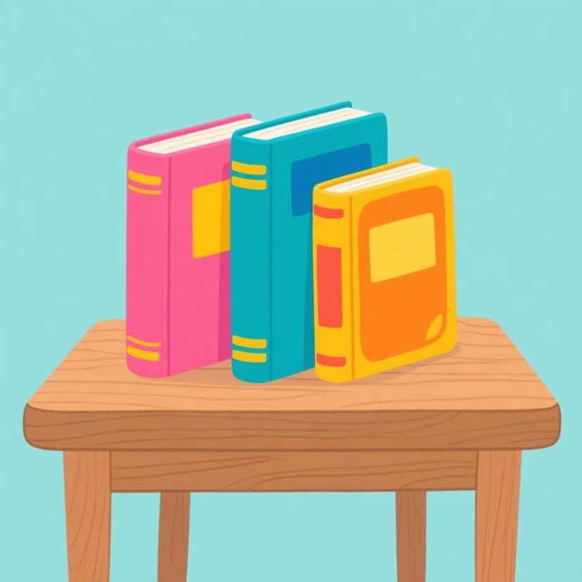 Three colorful storybooks resting on a simple wooden table, illustrating the concept of static location in the past.