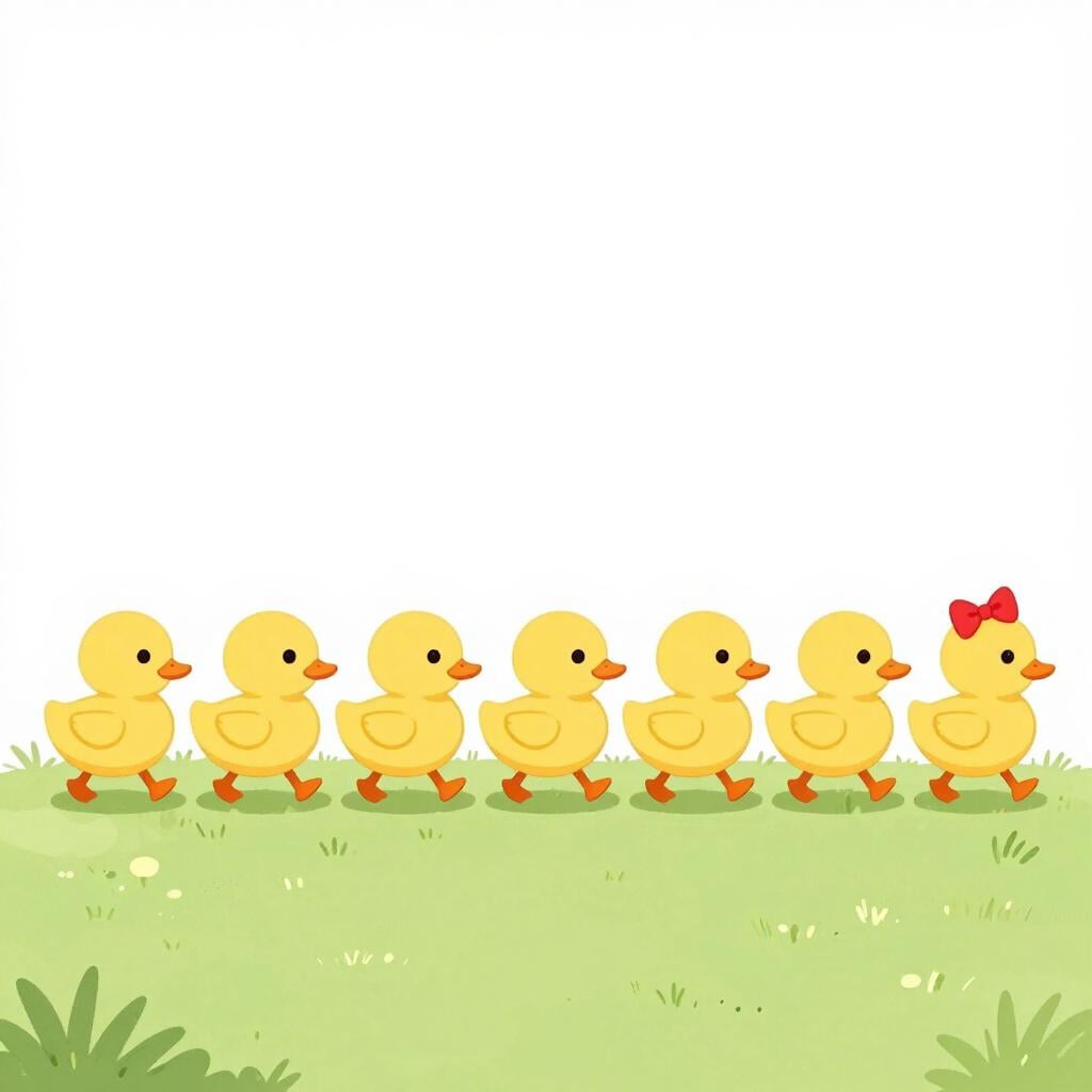 A row of nine colorful ducks with the last duck highlighted.