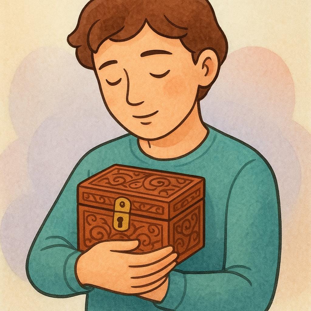 A person with a gentle expression carefully holding a small, locked treasure box close to their chest, symbolizing keeping a promise or secret.