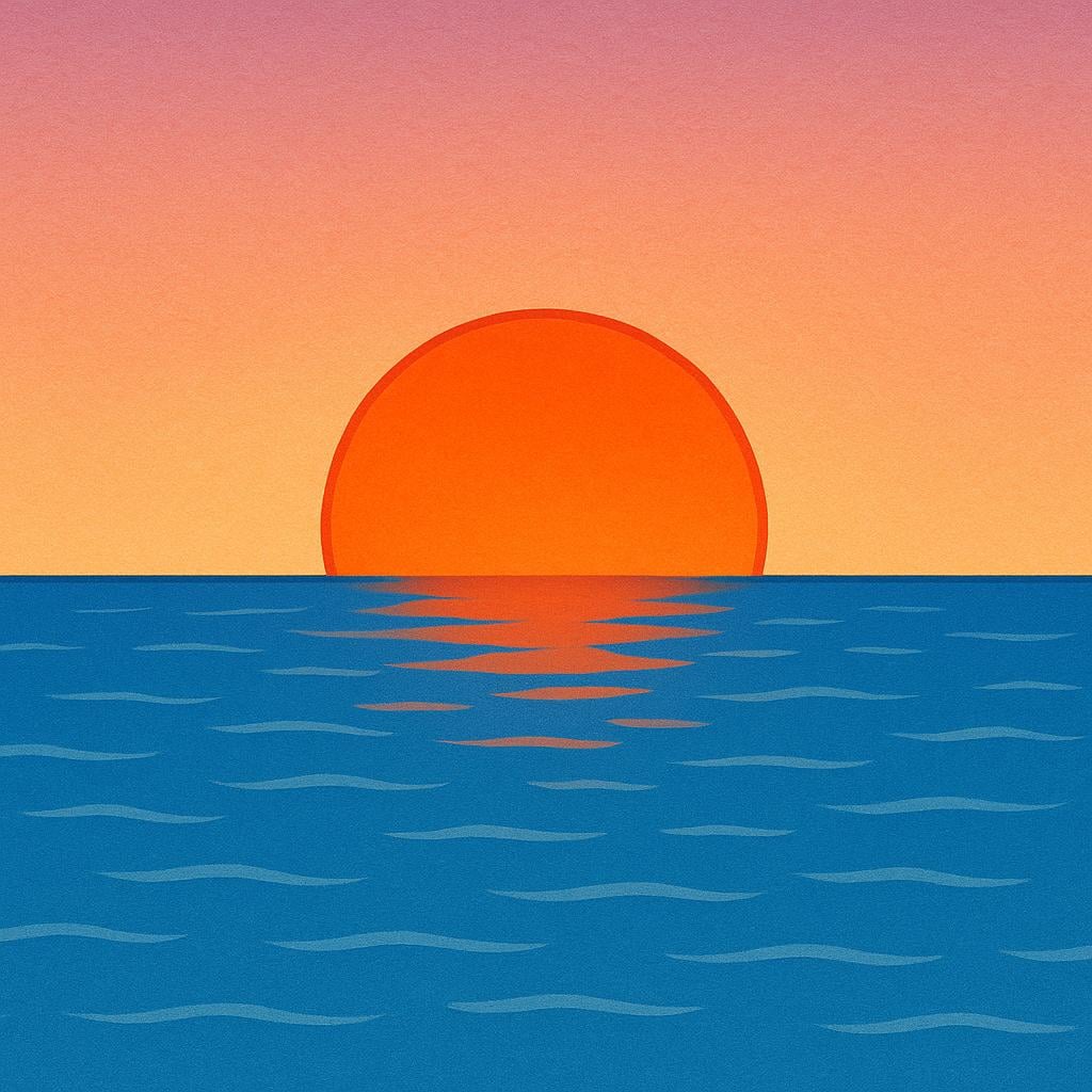 A vibrant orange and yellow sun sinking below a flat blue ocean horizon, illustrating the western direction.