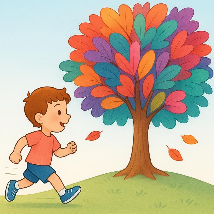 A colorful illustration of a child walking quickly past a large, brightly colored tree, indicating movement.