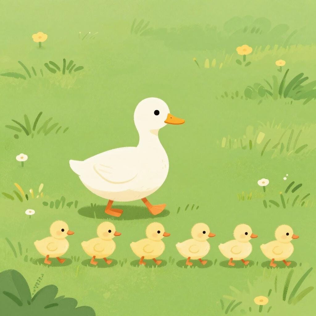 Eine Reihe von Küken, die einer Entenmutter über ein grasbewachsenes Feld folgen.