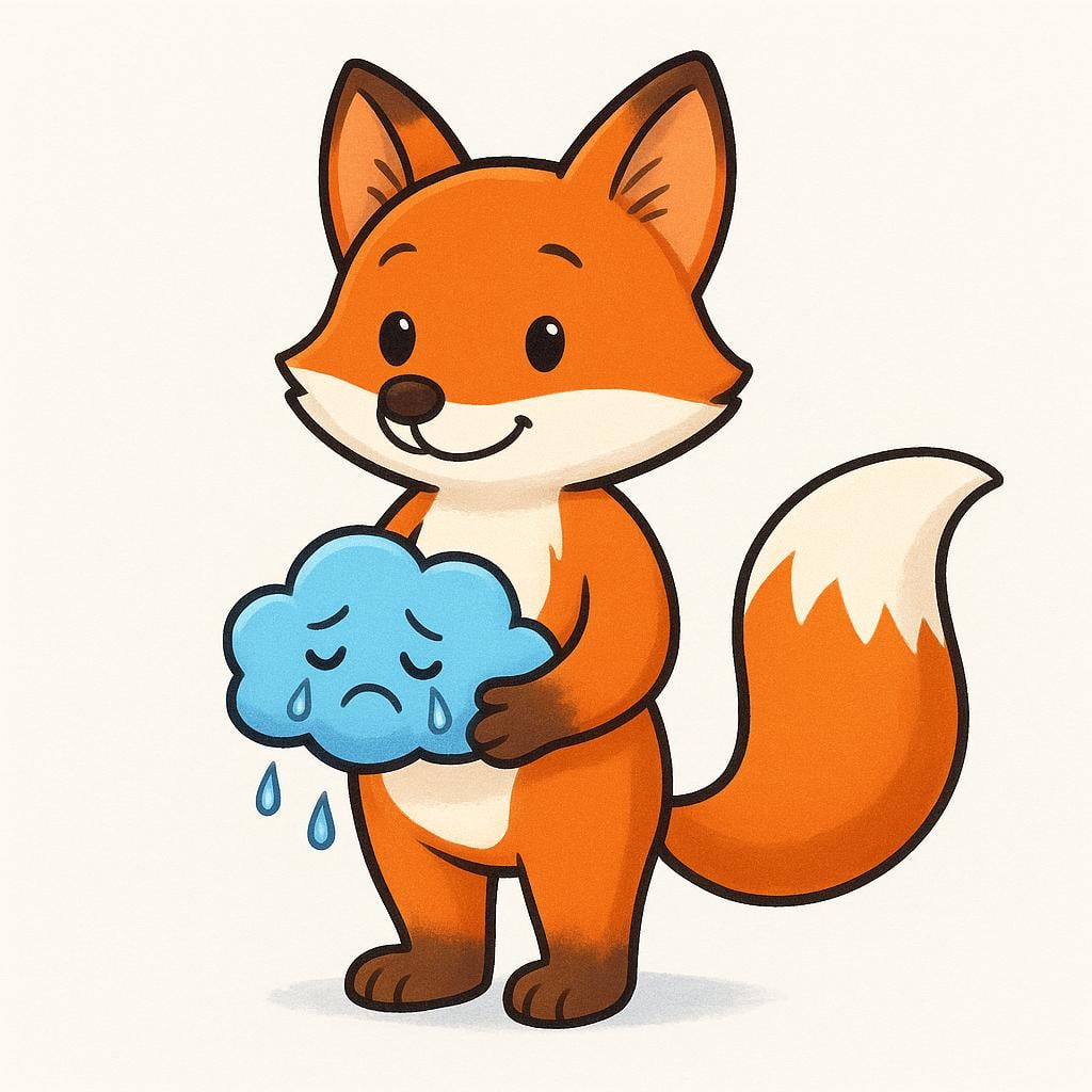 A friendly cartoon fox stands upright with a wide, calm smile on its face, but secretly holding a small, sad blue cloud hidden behind its back.