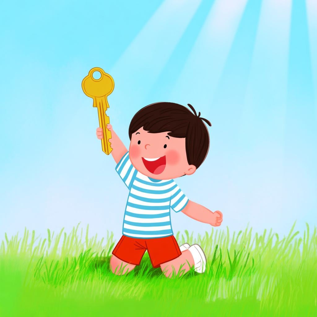 A happy child kneeling in a field, holding up a single, large golden key that they have just discovered.