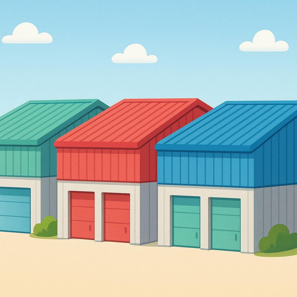 Une rangée de grands bâtiments industriels rectangulaires avec des toits en tôle ondulée et de multiples portes de quai de chargement, représentant des entrepôts.