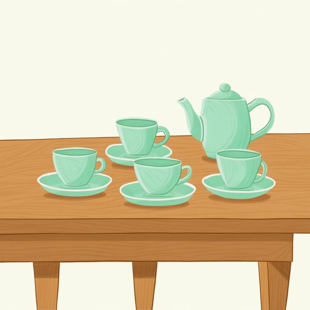 A perfectly organized ceramic tea set, including four matching cups, saucers, and a teapot, demonstrating a collection of items.
