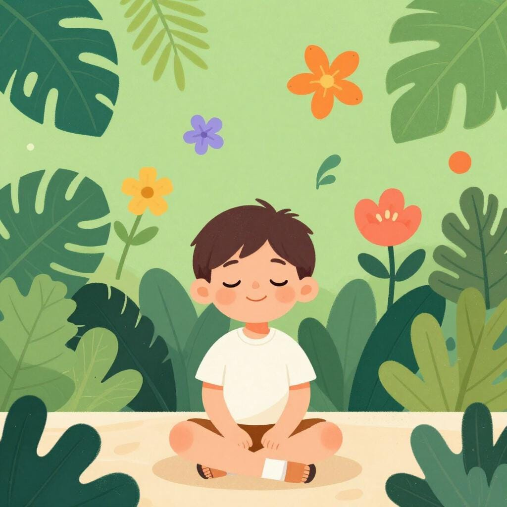 Een kind zit op een kleed, ogen gesloten, met een levendige tropische jungle die zich om hen heen vormt.