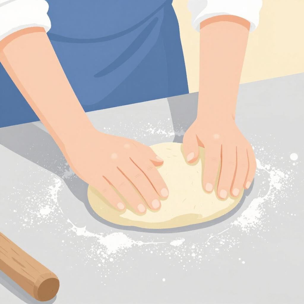 A pair of hands pressing and folding a piece of dough on a kitchen counter.