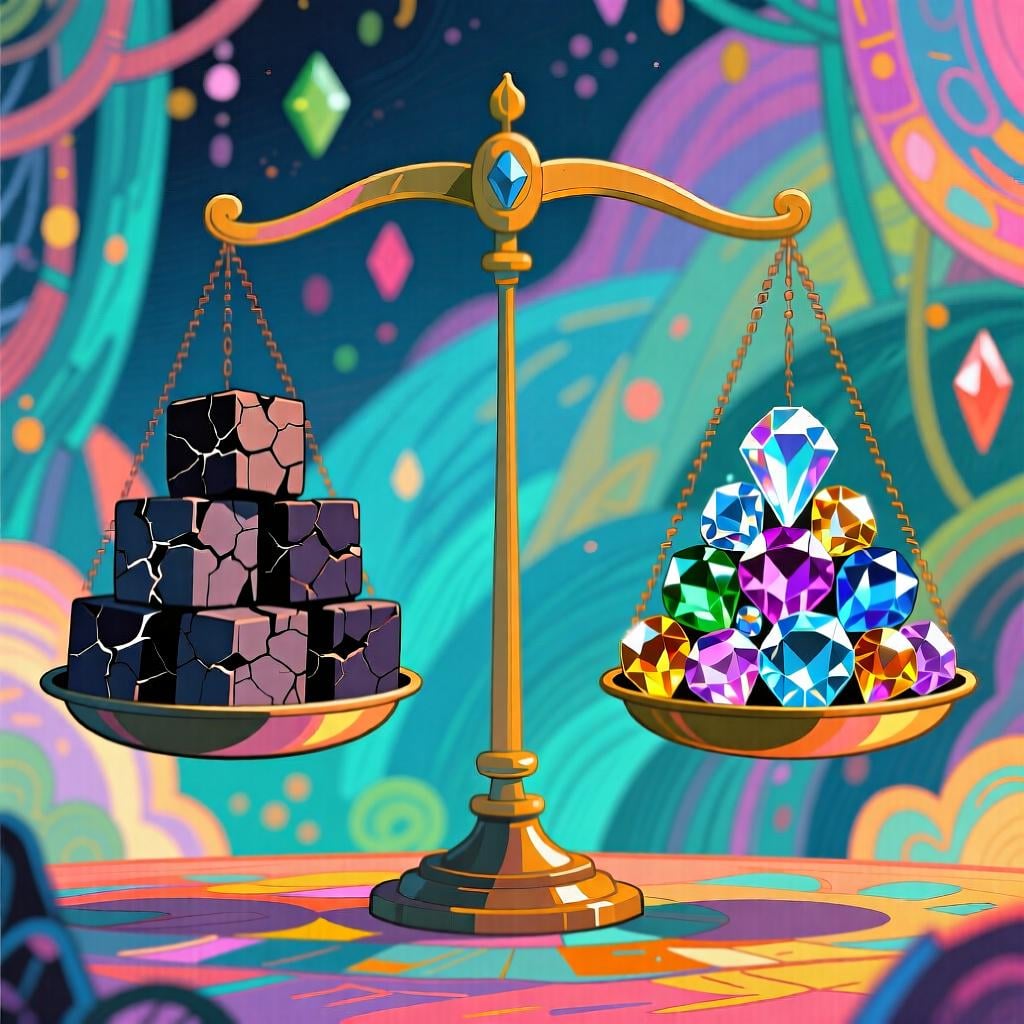 A set of scales balancing a pile of dark, broken blocks against a pile of shiny, perfect gems, representing the cons and pros being weighed.