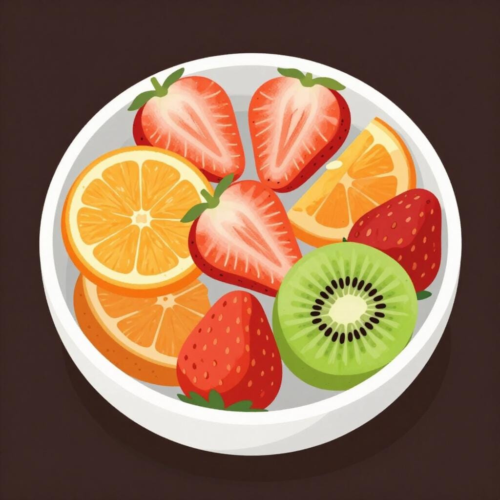 Uma salada de frutas colorida em uma tigela branca mostrando diferentes pedaços de frutas.