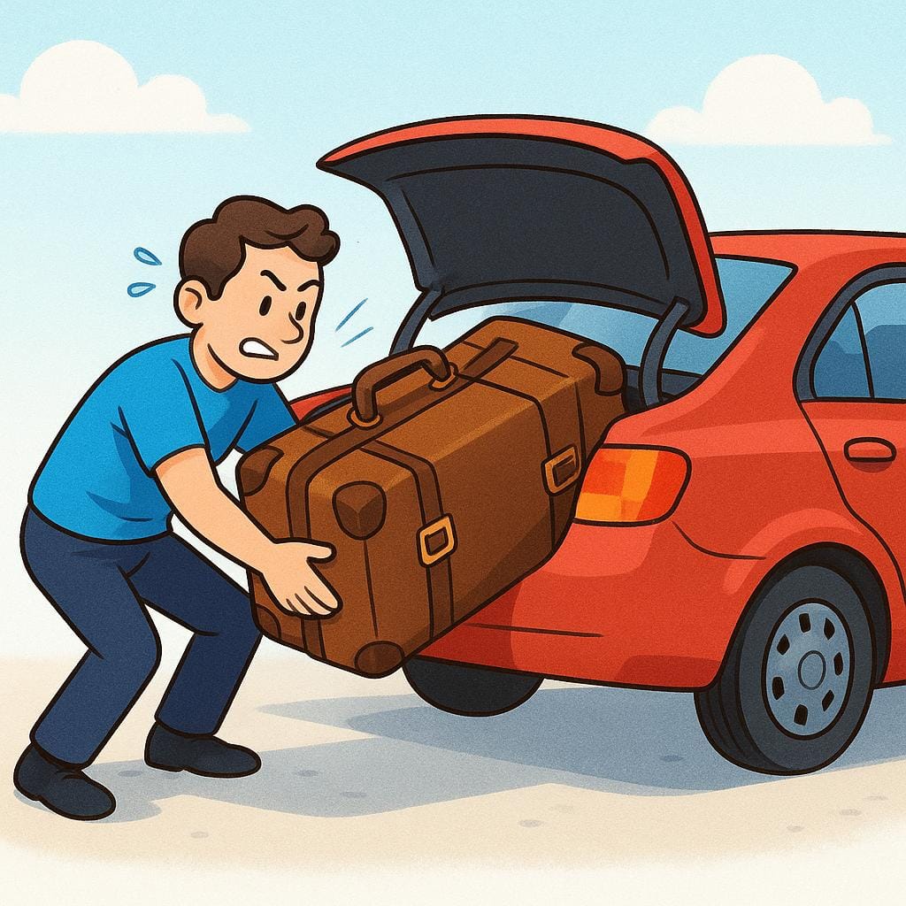 A person actively lifting a large, heavy brown suitcase and placing it into the open trunk of a car, representing the action 'I load'.