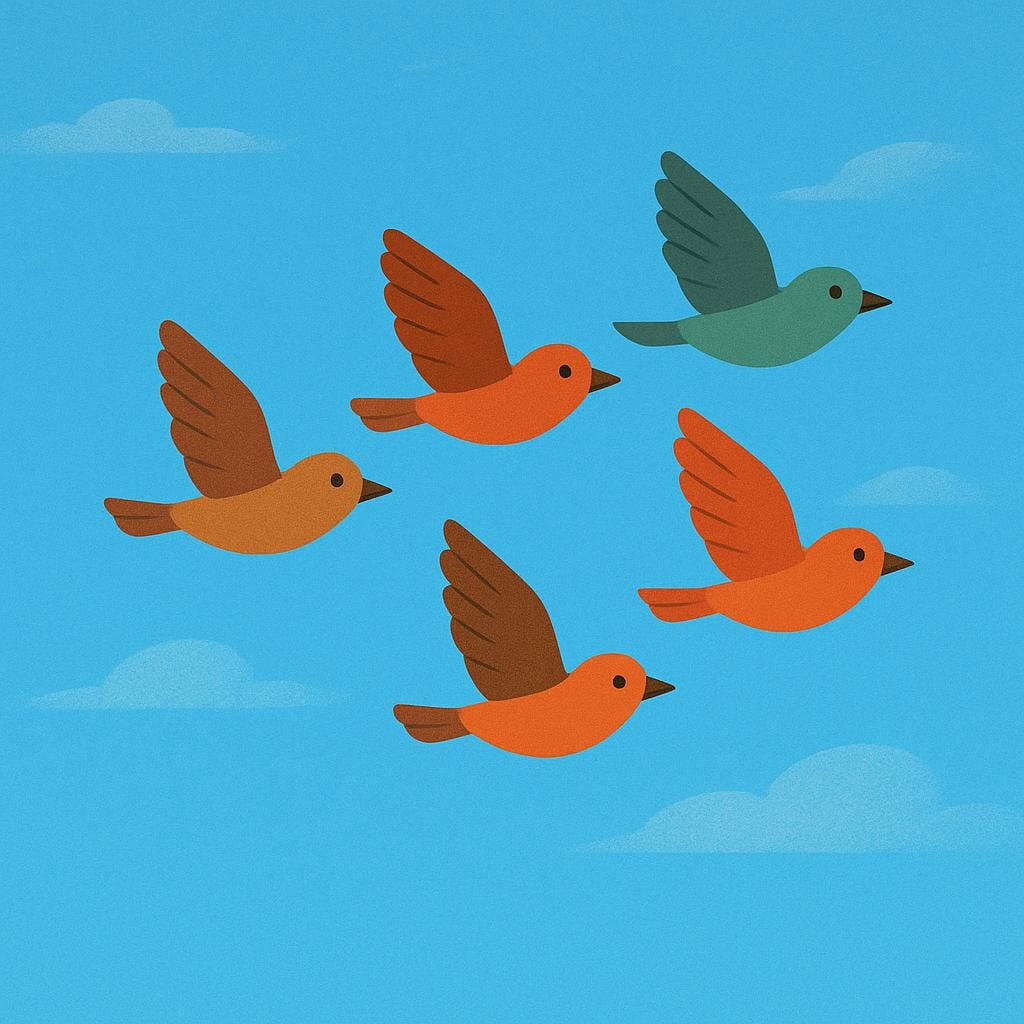 Een kleurrijke boekillustratie met vijf vogels die in een perfect V-vormige formatie over een helderblauwe lucht vliegen.