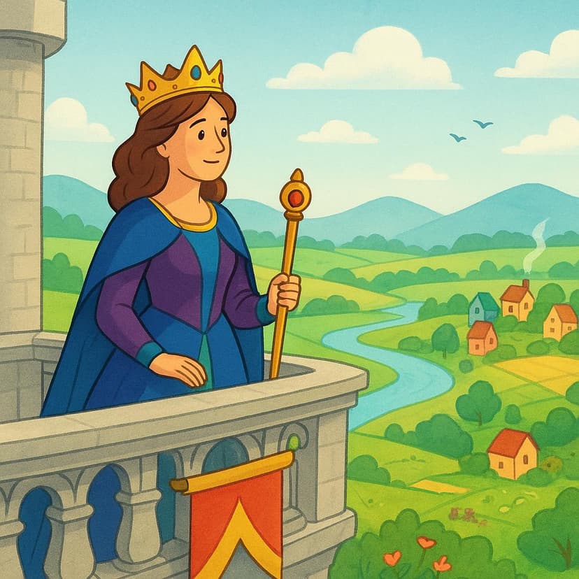 A queen wearing a crown and holding a scepter, standing on a castle balcony and looking out over a peaceful, colorful kingdom below.