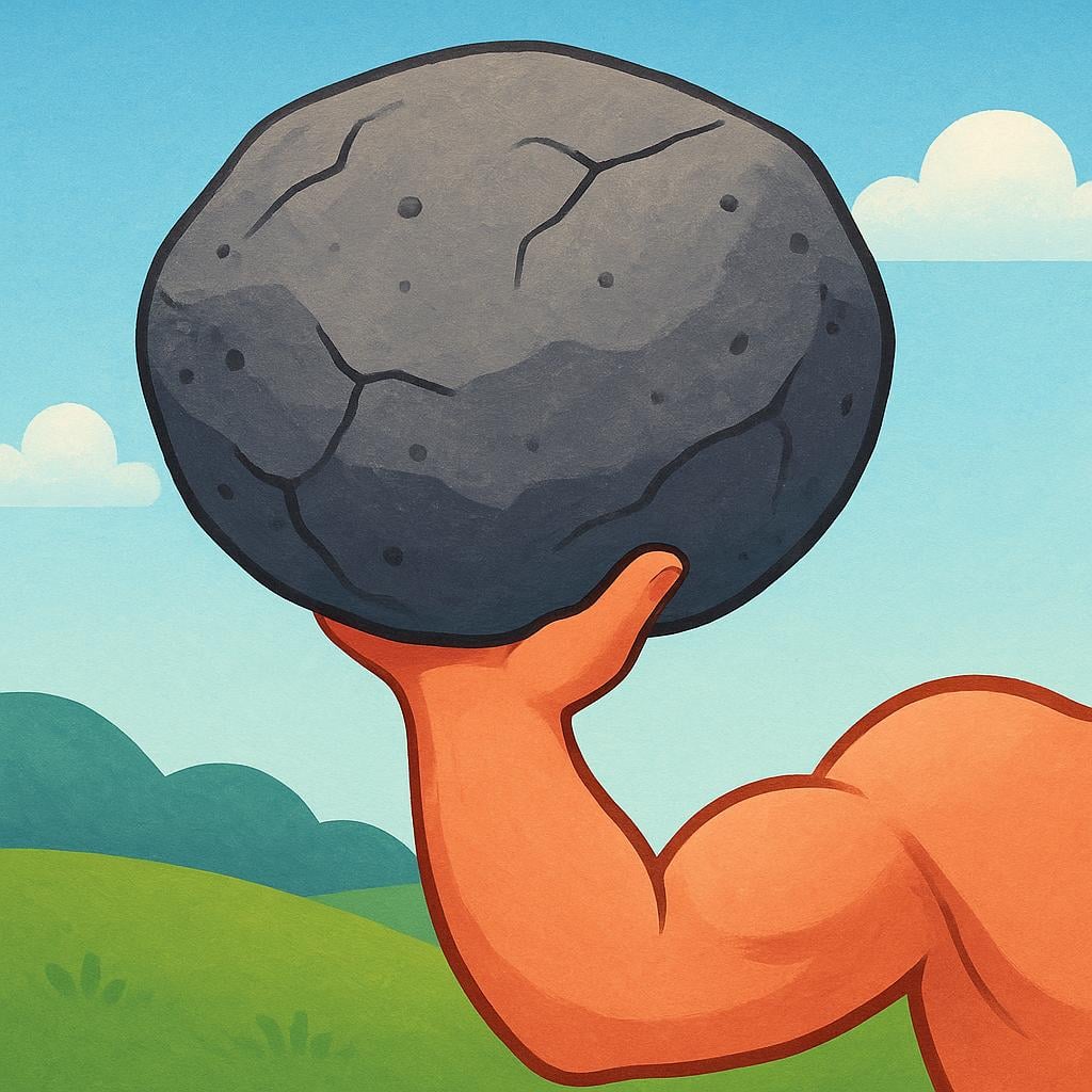 A cartoon depiction of a massive, muscular arm easily lifting a large, heavy boulder with one hand, symbolizing physical strength.