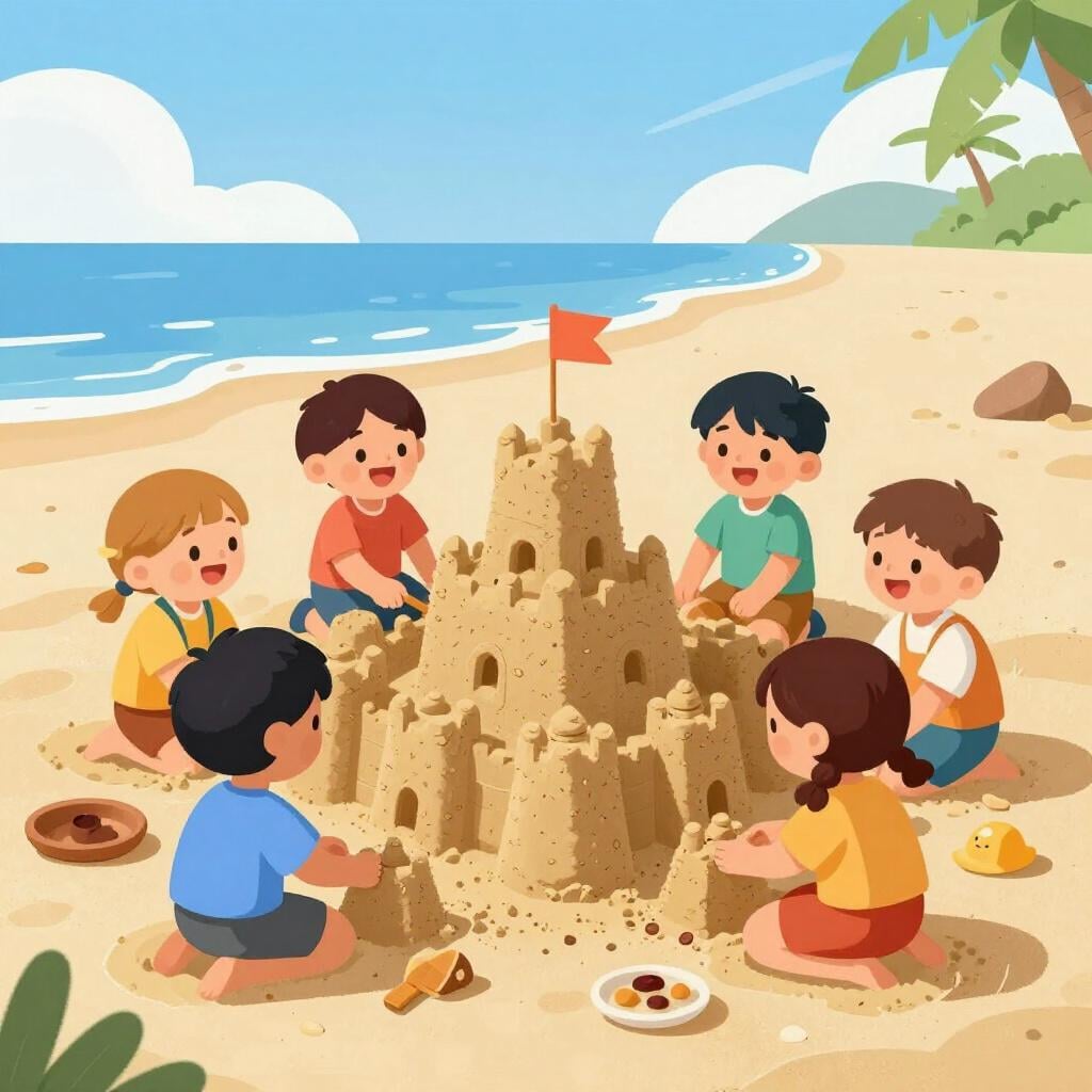 A group of children working together to build a colorful sandcastle on a beach.