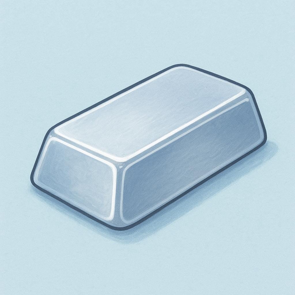 A polished, rectangular silver metal ingot resting on a plain surface, symbolizing the material.