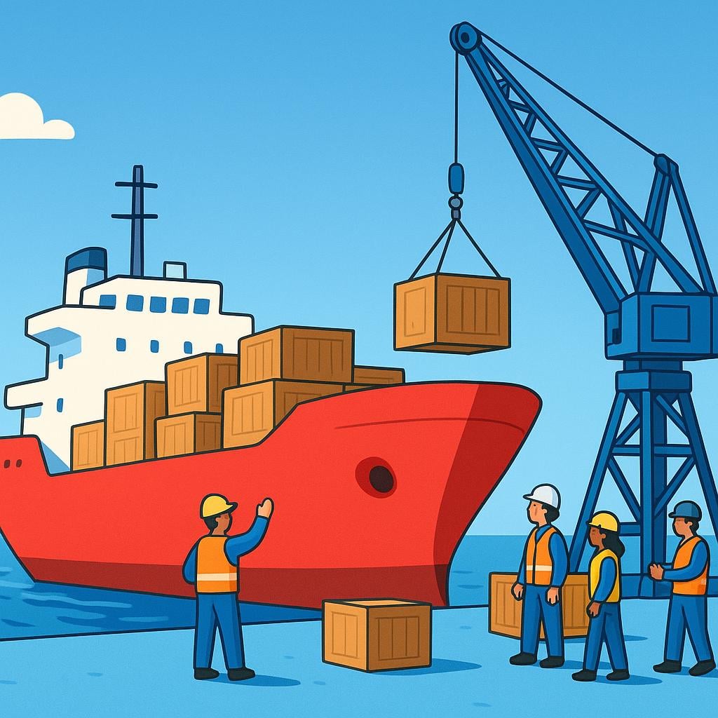 A large red cargo ship arriving at a sunny blue dock, with a crane actively lifting rectangular wooden crates off the ship and onto the land, illustrating the importing of goods.