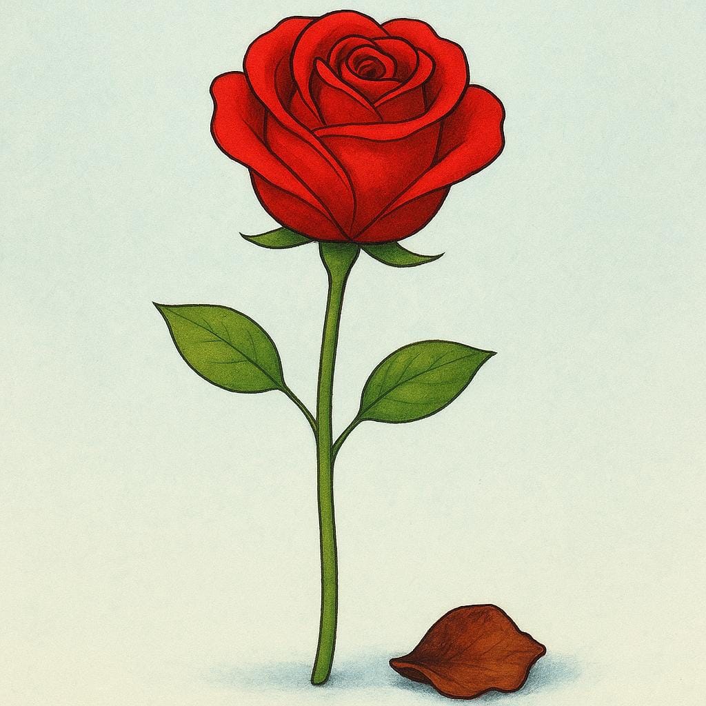 A single, vibrant red rose whose stem is beginning to bend slightly, with one petal falling to the ground, illustrating the finite nature of life.
