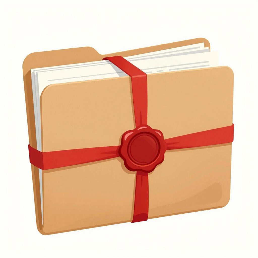 Uma pasta de papel pardo simples contendo documentos dobrados, selada com um proeminente selo de cera vermelha e amarrada com uma fita vermelha.