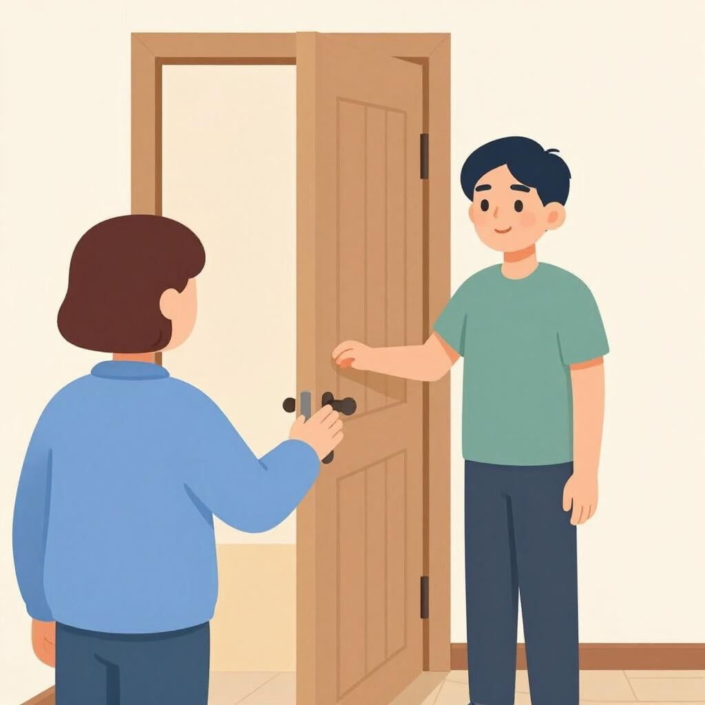 A person holding a door open for another person with a polite smile.