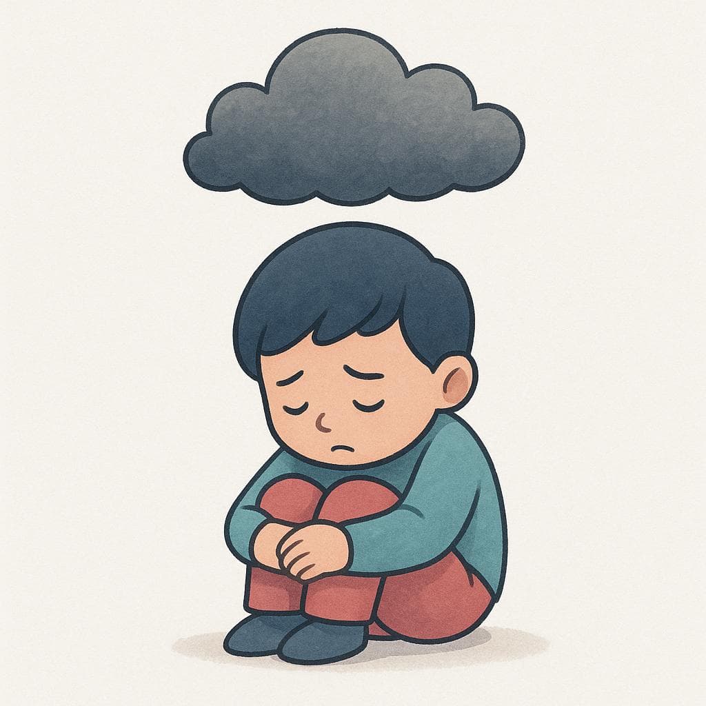 Een klein, eenvoudig figuurtje zit ineengedoken, ziet er bedroefd uit, met een kleine grijze wolk direct boven hun hoofd, wat een gevoel van zwaarte of angst symboliseert.