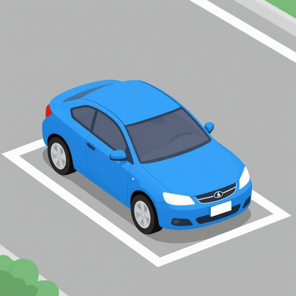 Une voiture bleu vif immobile dans un espace de stationnement délimité par des lignes blanches, dans une rue calme.