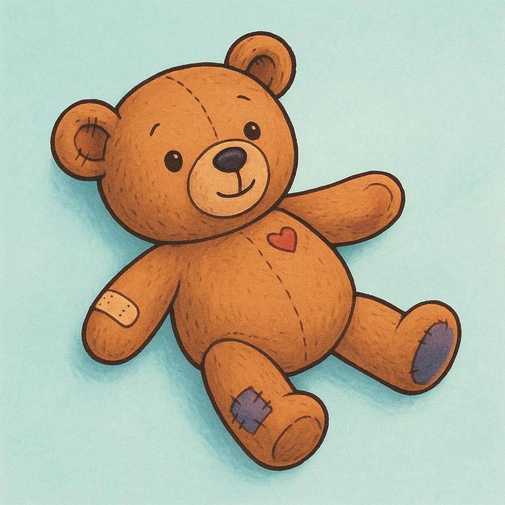 A slightly worn and bruised teddy bear lying down, symbolizing being physically injured or battered.