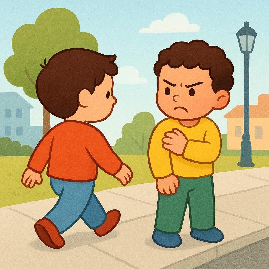 An illustration of a character acting as a rude person by bumping into someone else and ignoring them.