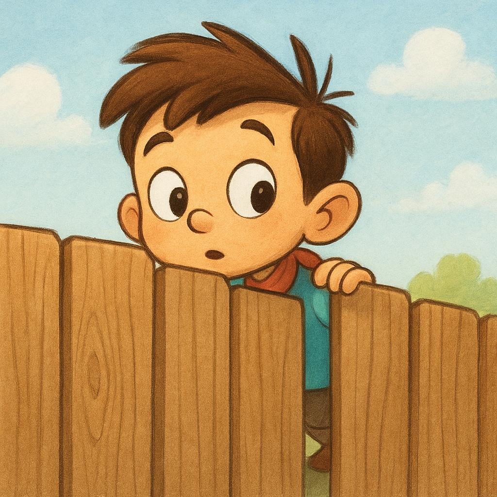 A cartoon character with a curious and slightly mischievous expression stealthily peeking over a tall wooden fence, trying to eavesdrop on a secret.