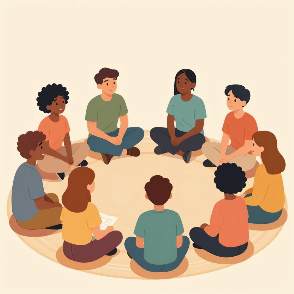 明るい部屋でカラフルなクッションに座り、グループディスカッションに参加している人々の輪。