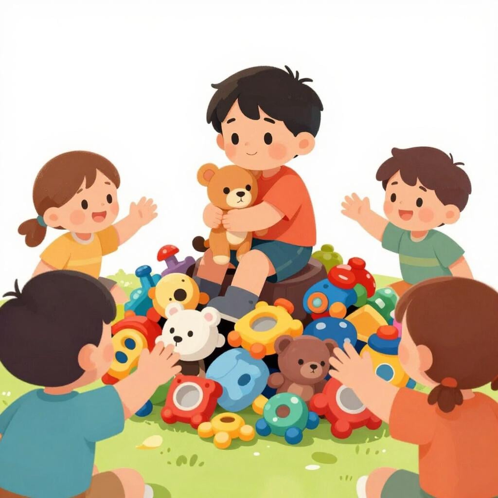 한 아이가 장난감 더미에 홀로 앉아 곰 인형을 꽉 쥐고, 함께 놀고 싶어하는 친구들 무리에게 등을 돌리고 있습니다.