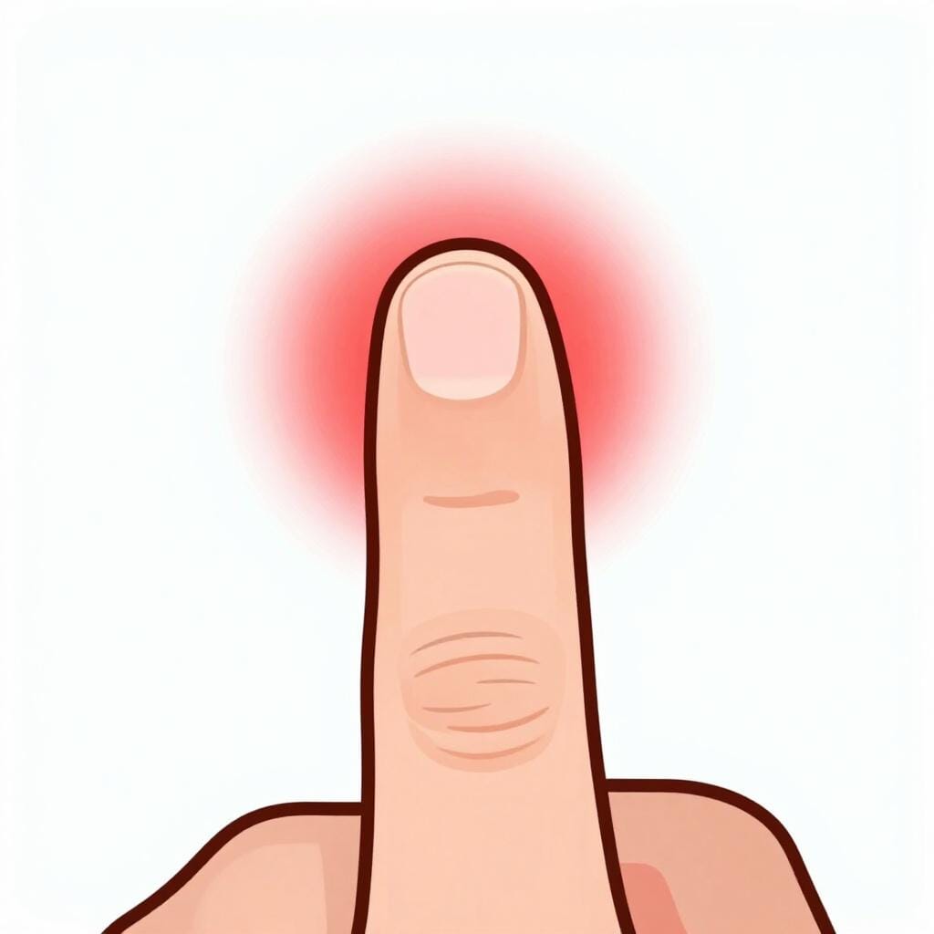 A close-up of a finger with a small, glowing red area to represent a rhythmic throb.