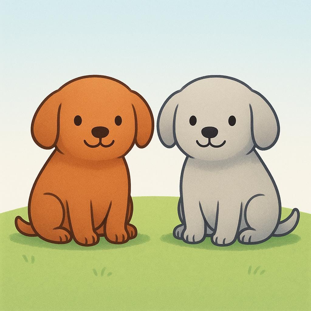 A colorful storybook illustration showing two small, round dogs sitting side by side. They are identical in shape and size, but one dog is brown and the other is light gray, emphasizing their similarity.