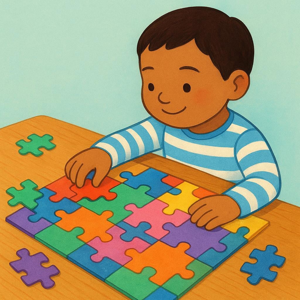 A colorful storybook illustration showing a child smiling proudly while placing the final piece into a large, completed jigsaw puzzle on a table.