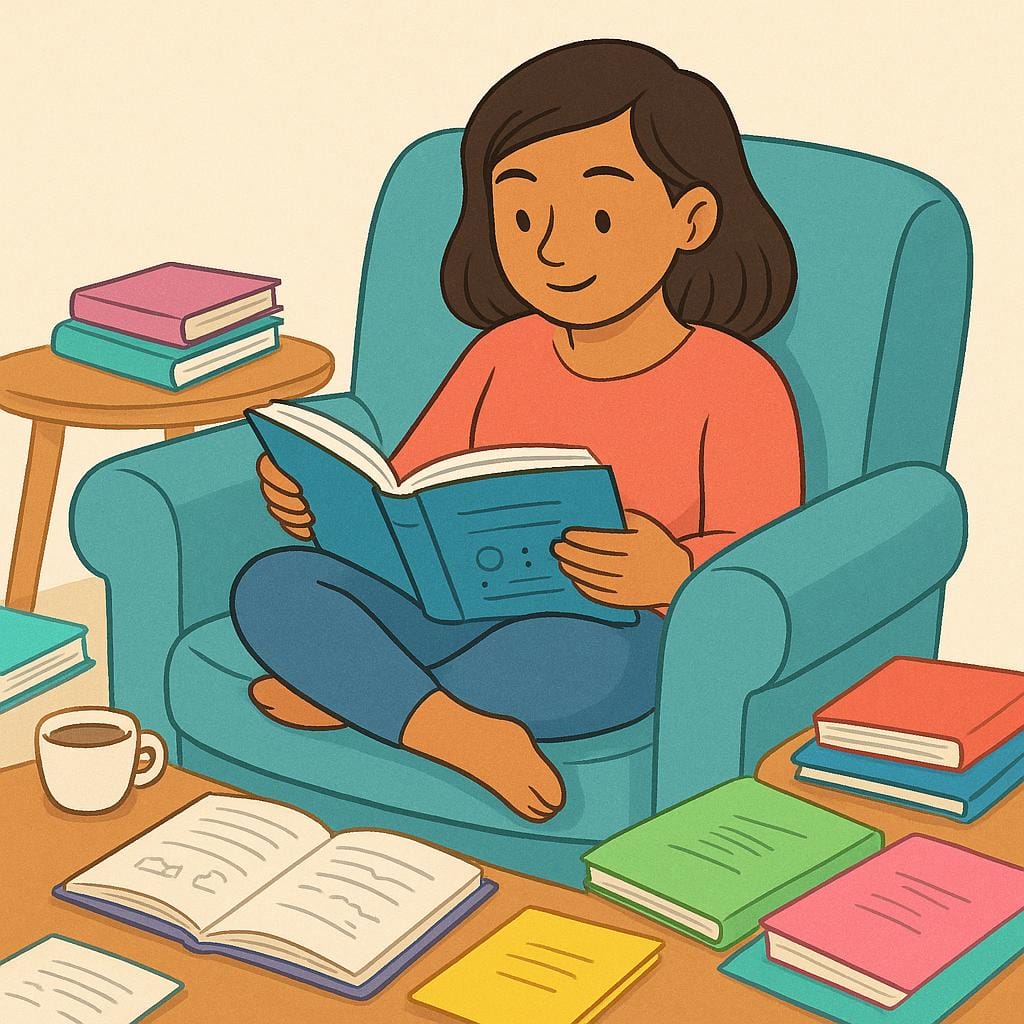 A young woman sitting comfortably in an armchair, surrounded by colorful notes and papers, reading a textbook intently.