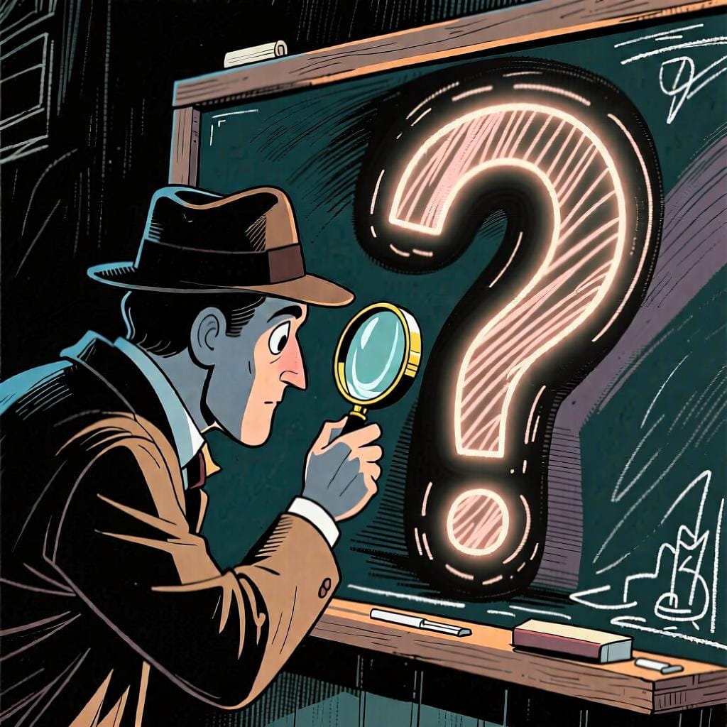 Een detective die van dichtbij naar een groot vraagteken op een schoolbord kijkt, wat de zoektocht naar een reden voorstelt.