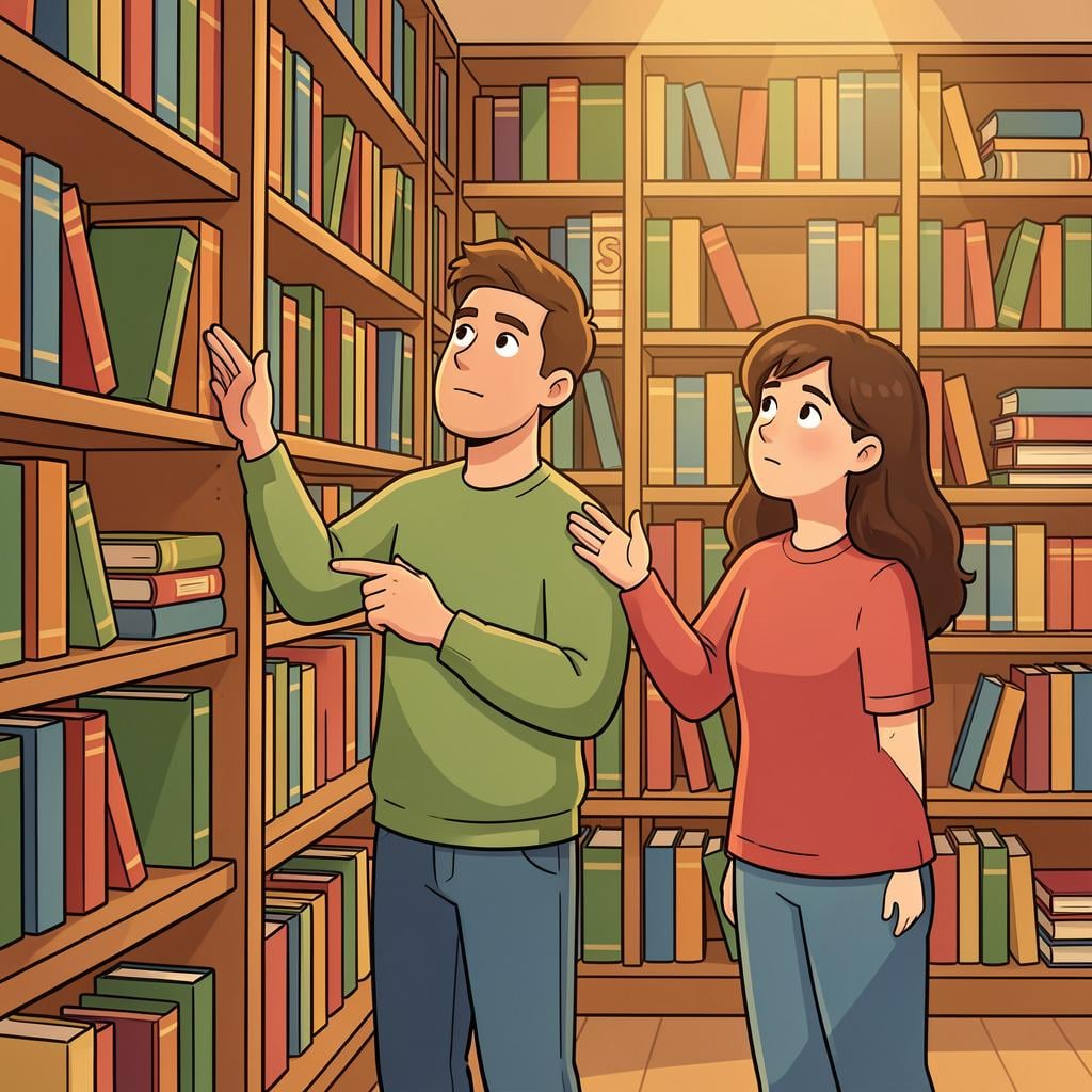 Two people standing in a library, pointing toward a high shelf with a look of hopeful determination.