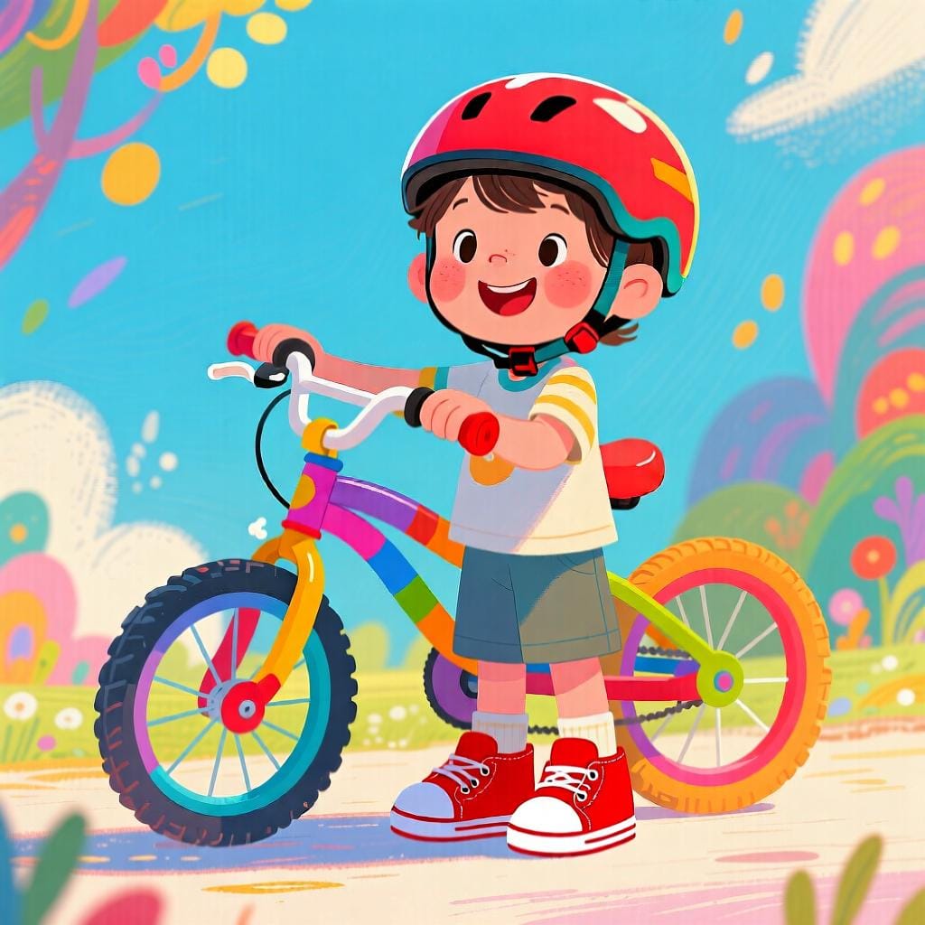 A cheerful child wearing bright red shoes and a helmet, standing perfectly still next to a colorful bicycle, looking eagerly forward.