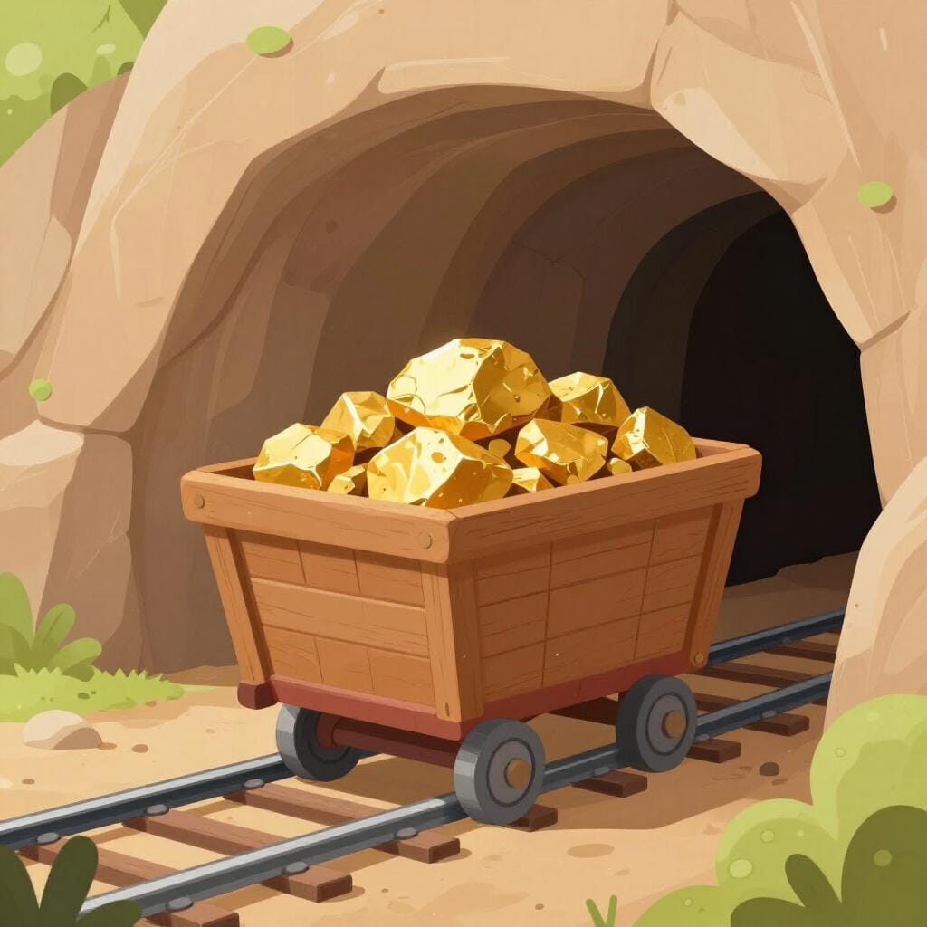 A small wooden cart filled with sparkling gold rocks sitting on metal tracks.