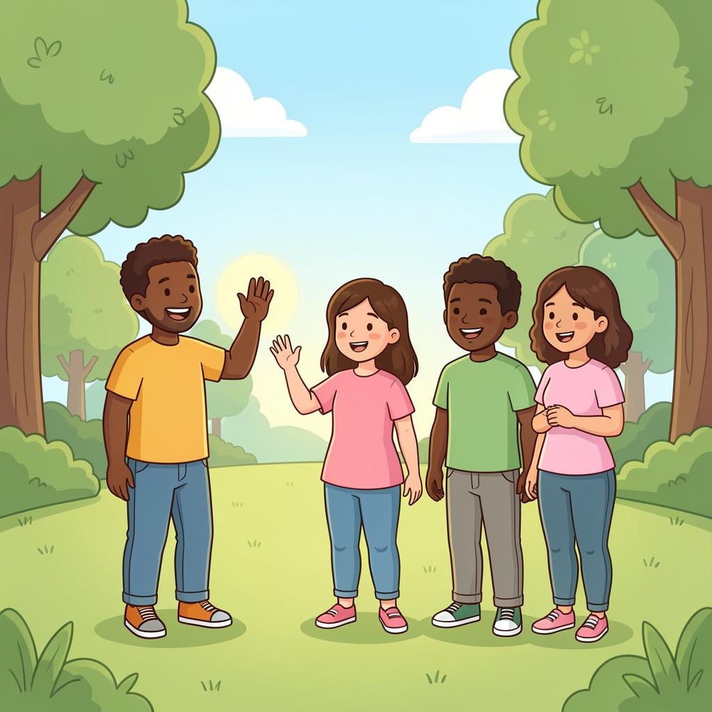 A person waving warmly to a friendly group of three people in a sunny park.