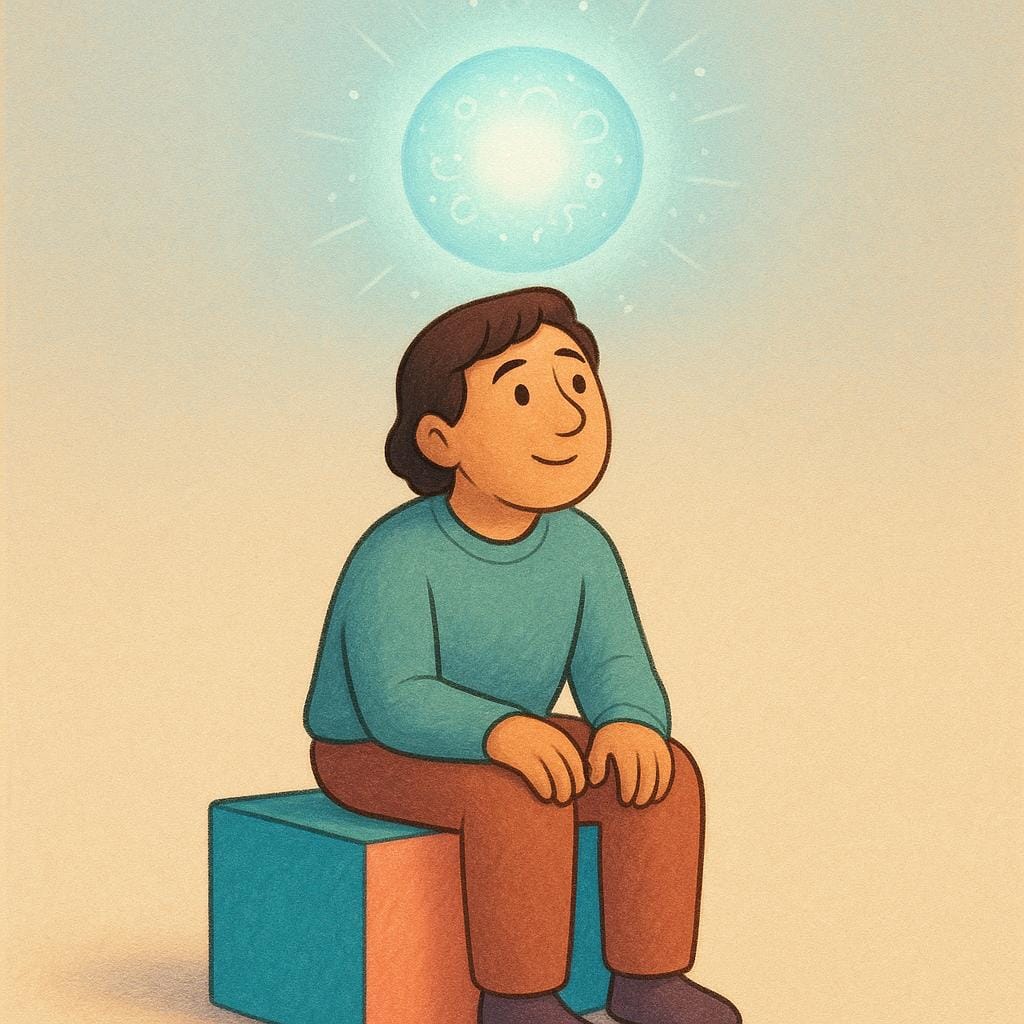 A storybook illustration of a friendly, simplified figure sitting quietly with a contemplative expression. A large, softly glowing light sphere hovers directly above their head, visually representing an active thought process.