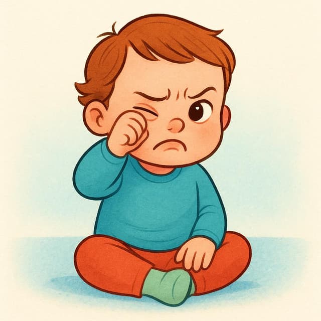 Un'illustrazione da libro di fiabe di un bambino piccolo seduto per terra, con una smorfia drammatica e una mano vicino al viso come se stesse piangendo, mentre sbircia segretamente con un occhio per vedere se qualcuno sta guardando.