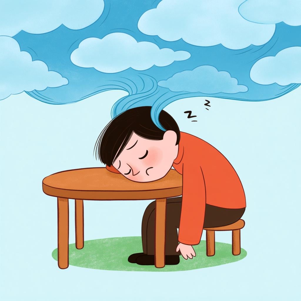A person suddenly overcome with sleepiness, slumping at a table.