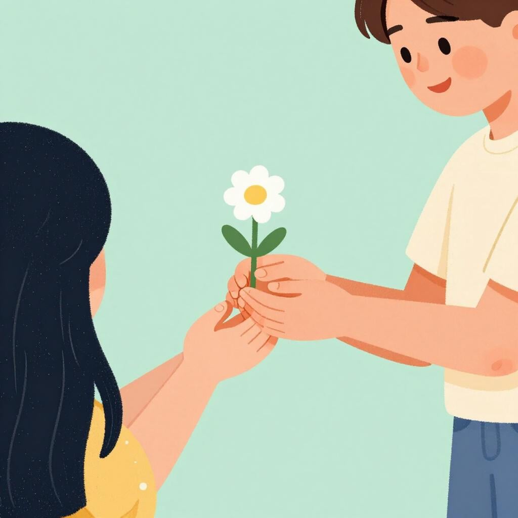 Uma pessoa entregando cuidadosamente uma flor delicada a um amigo com um sorriso gentil.