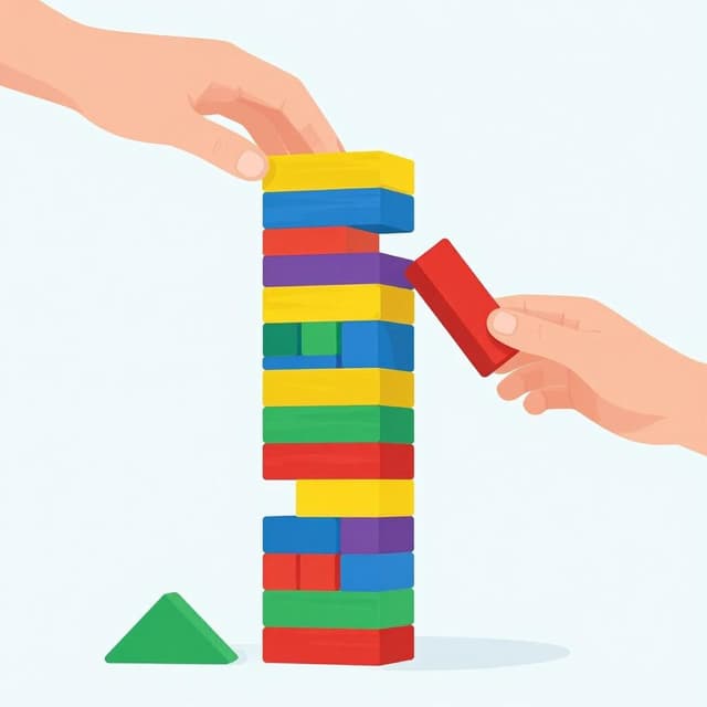 A hand pushing over a tall, neat stack of colorful wooden blocks.