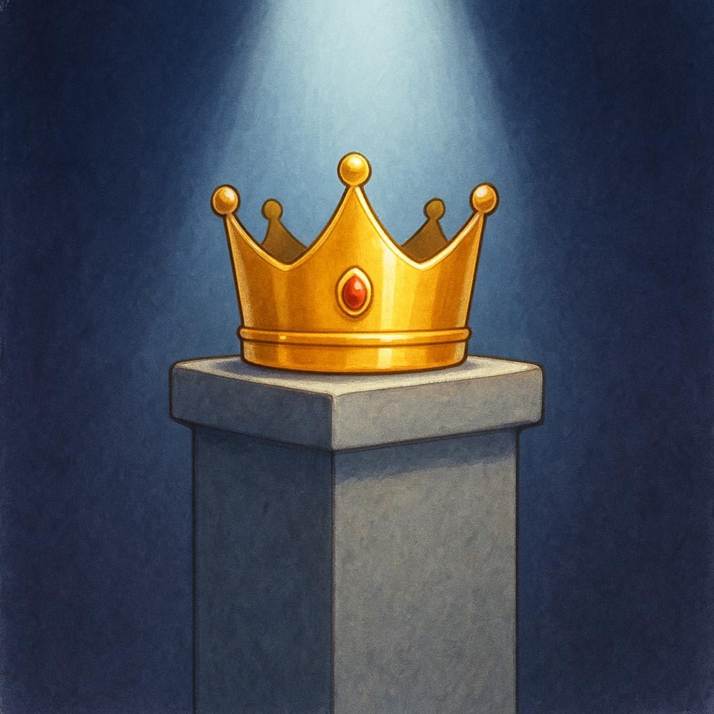 A bright golden crown sits prominently on a tall, simple stone pedestal, illuminated by a single spotlight, symbolizing importance and significance.