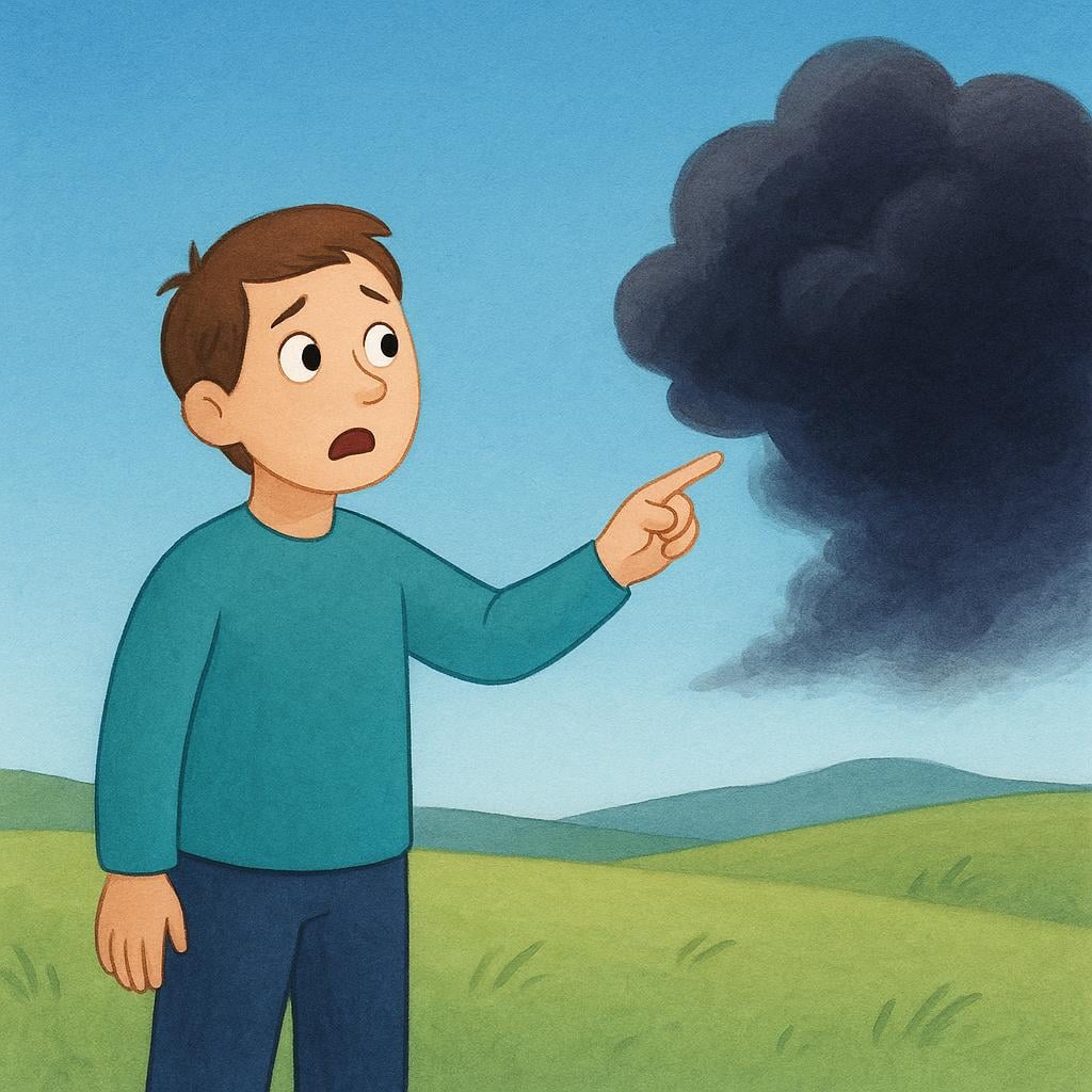 A person is looking up nervously at a single, dark, ominous storm cloud gathering in the distance, illustrating suspicion that something bad is about to happen.
