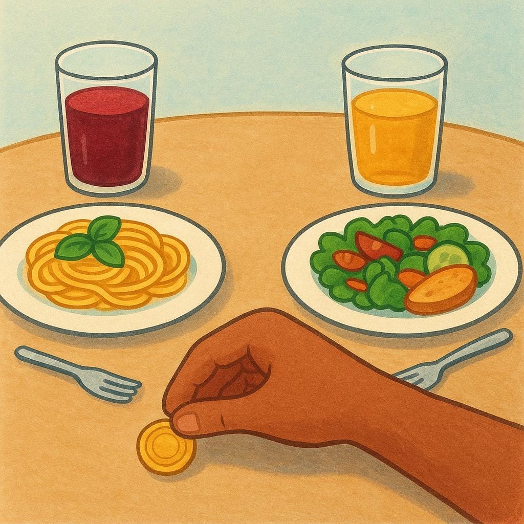Een hand die een muntstuk naast twee volle borden eten op een restauranttafel legt, wat het betalen voor de maaltijd van iemand anders illustreert.