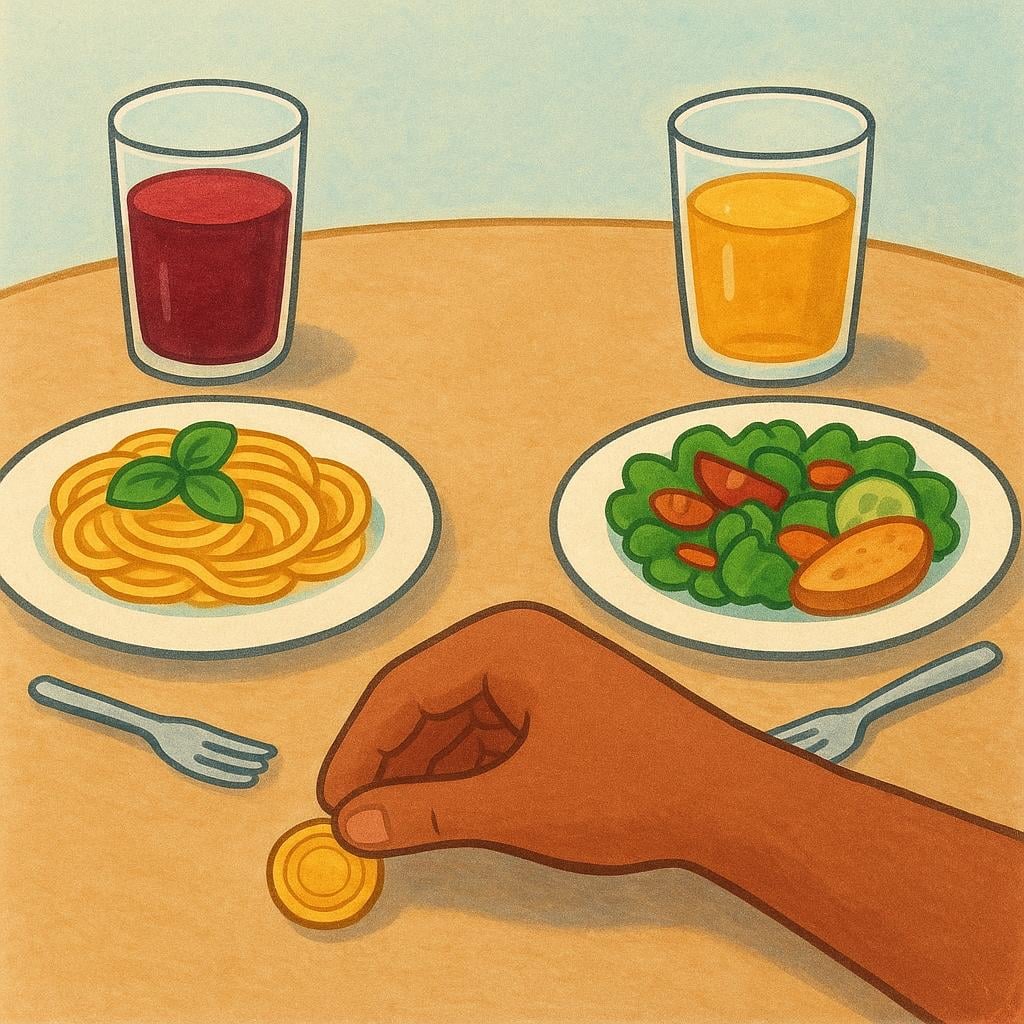 A hand placing a coin next to two full plates of food on a restaurant table, illustrating paying for another person's meal.